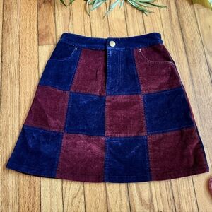 ModCloth Patchwork Checkered Corduroy Mini Skirt - Navy Blue and Burgundy